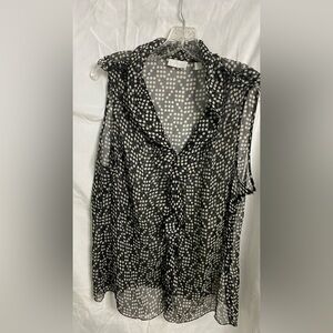 Black and Cream Polka Dot - sheer, sleeveless top with ruffle collar